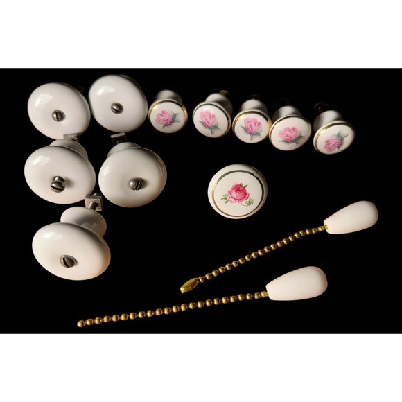 Porcelain White with Pink Rose & Gold Trim VTG  Drawer Pulls Mix lot of 11 - Picture 1 of 11